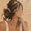 Beige Hand-Painted Oil Painting, Seated Woman with Rust and Ivory Striped Skirt #8OJBHZ91