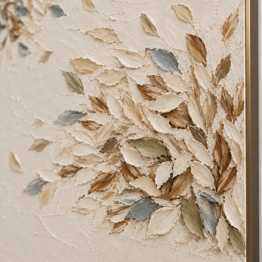 Cream Hand-Painted Oil Painting, Sweeping Leaves with Muted Blue Accents #03M1QDNU