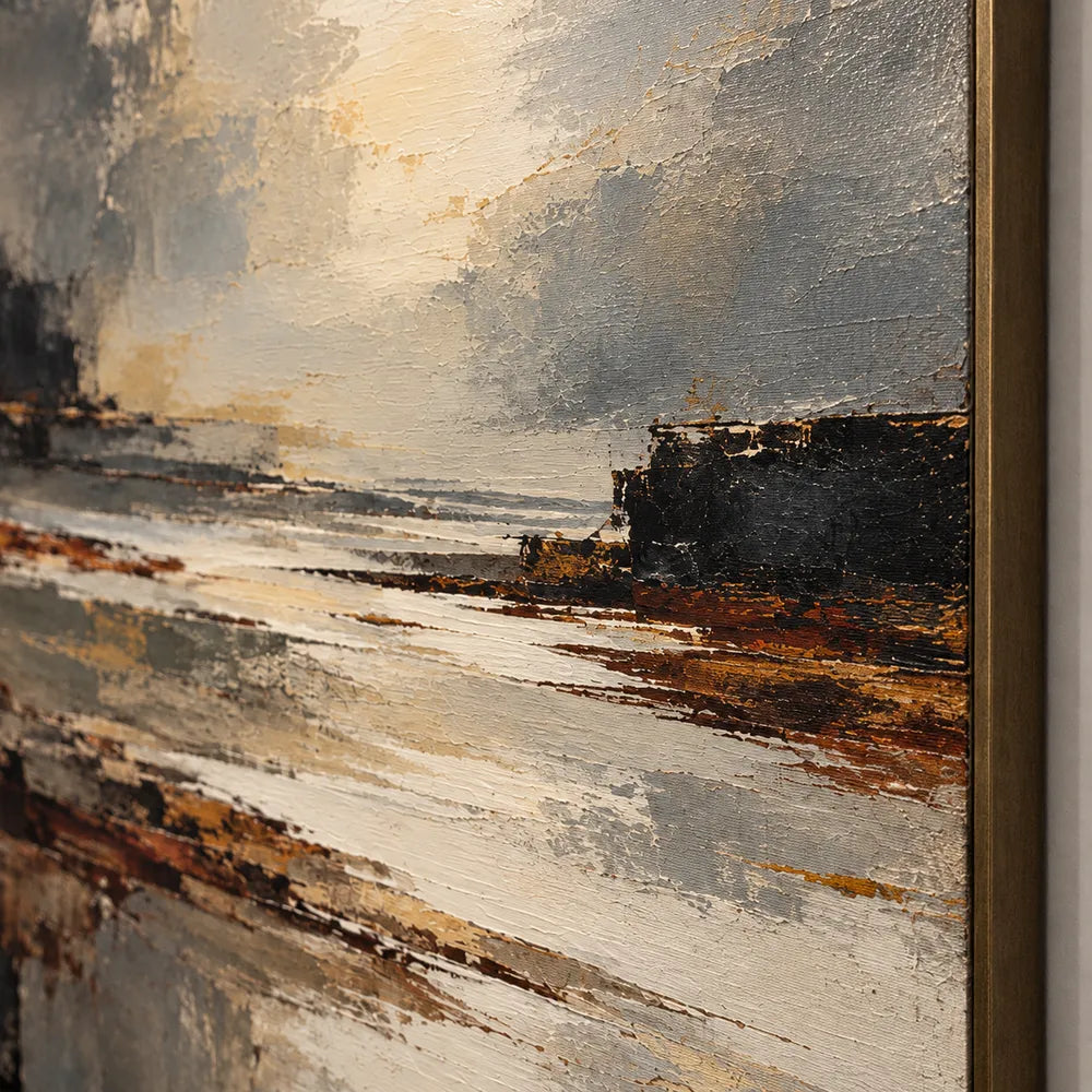 Charcoal and Cream Hand-Painted Oil Painting, Abstract Luminous Shore #AMXNLXWV