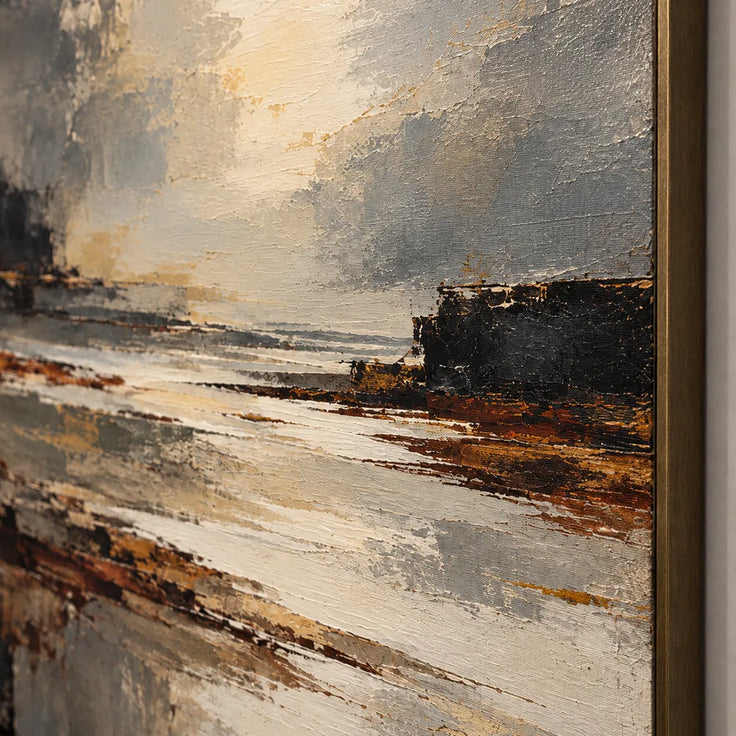 Charcoal and Cream Hand-Painted Oil Painting, Abstract Luminous Shore #AMXNLXWV