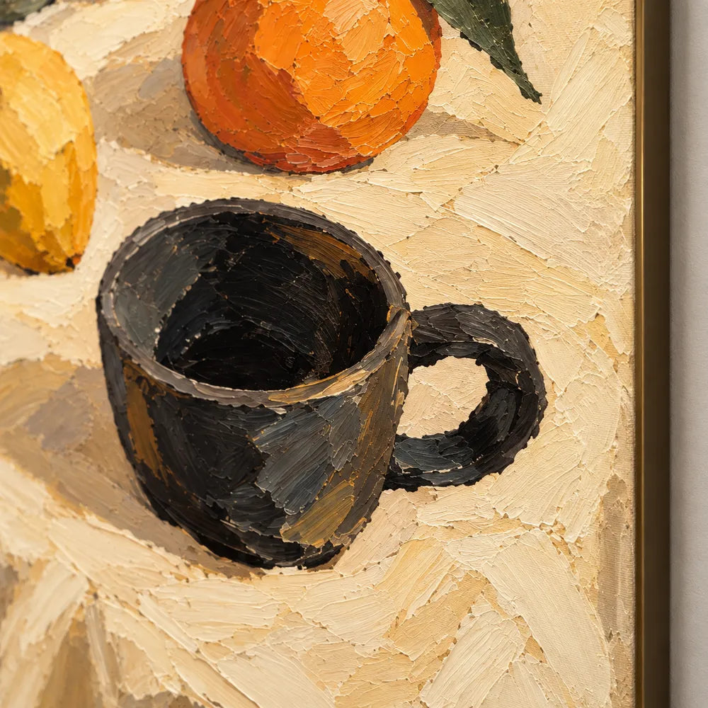 Yellow Hand-Painted Oil Painting, Pears and a Green Pitcher in Sunlight #D50B9HBJ