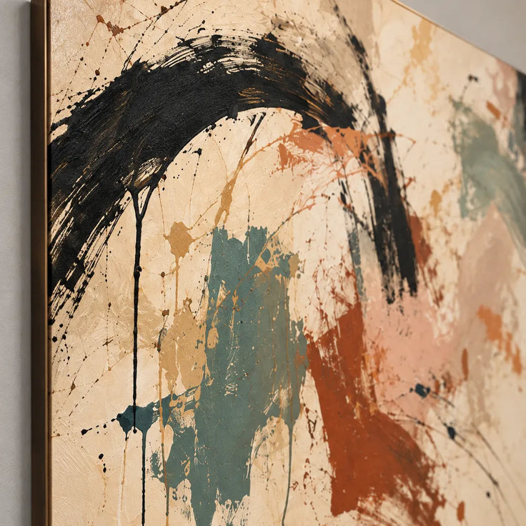 Beige Hand-Painted Oil Painting, Black Arcs and Sage Abstract #HRPVAO7I