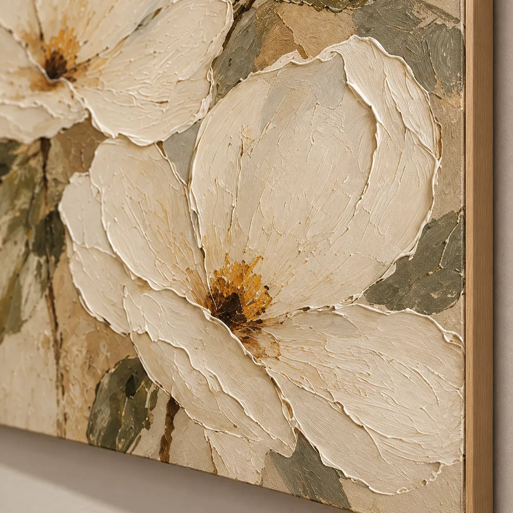Cream Hand-Painted Oil Painting, Oversized Floral Blooms and Olive Leaves #NT8H5PRP