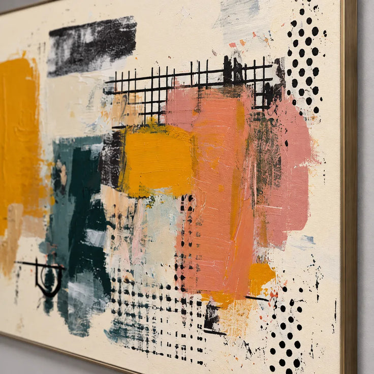 Mustard and Pink Hand-Painted Oil Painting, Graphic Abstract #05NDDBLI
