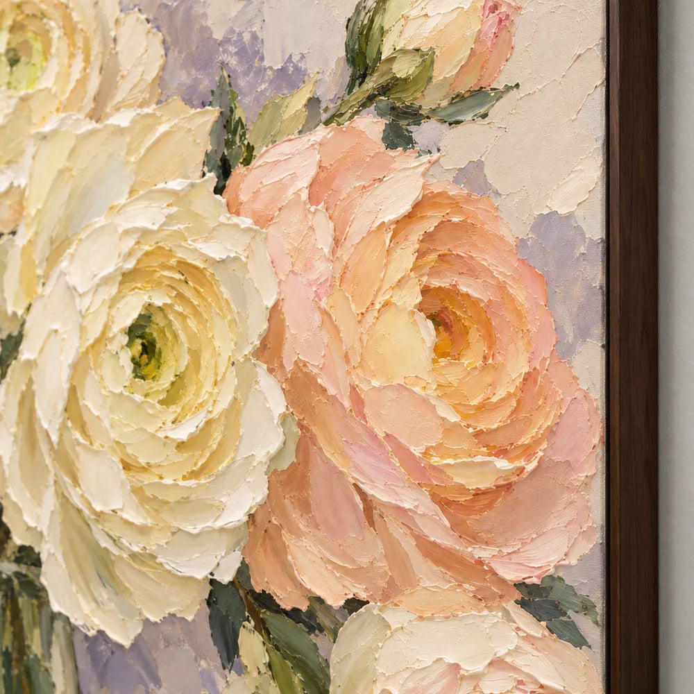 Cream Hand-Painted Oil Painting, Close-Up Peach and Ivory Flowers #22T3QUTE