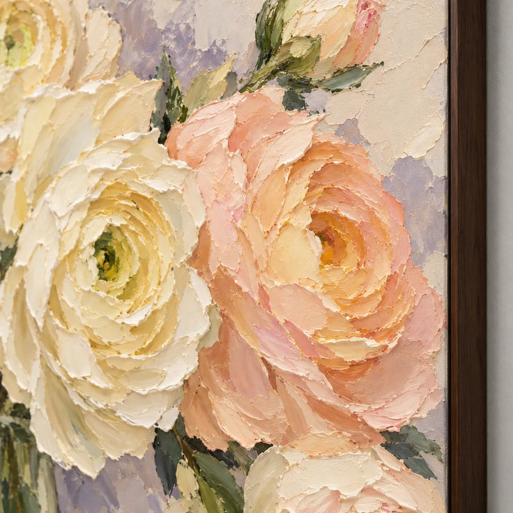 Cream Hand-Painted Oil Painting, Close-Up Peach and Ivory Flowers #22T3QUTE