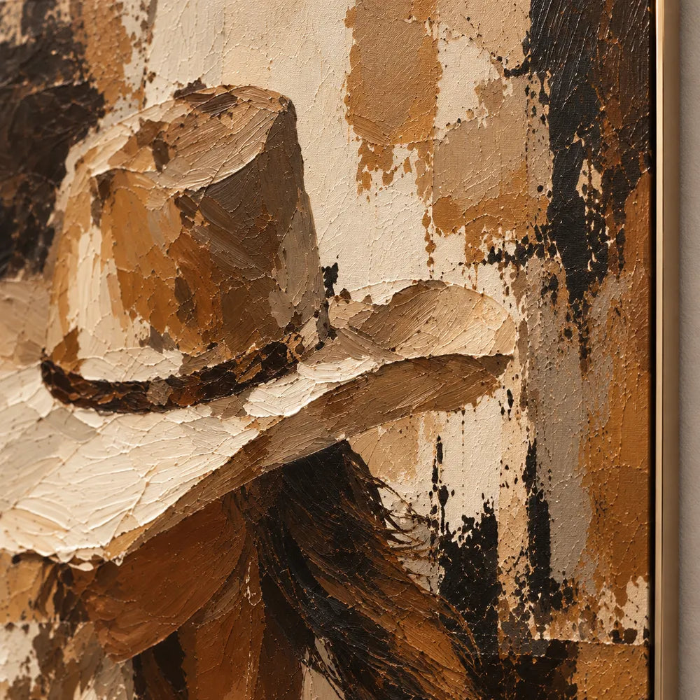 Brown and Cream Hand-Painted Oil Painting, Seated Cowgirl Portrait #E9CV57YO