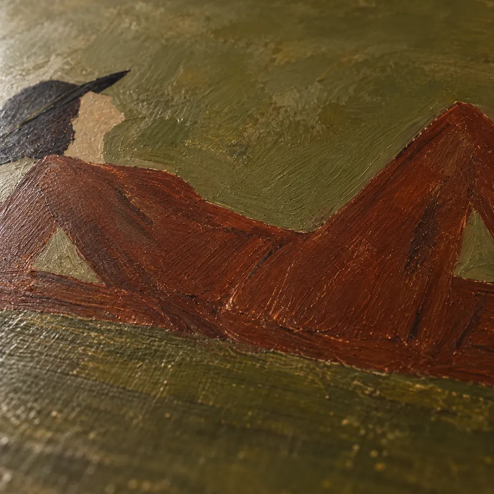 Olive Brown Hand-Painted Oil Painting, Black Horse and Reclining Figure #9MFNIU84