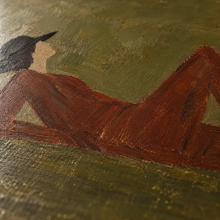 Olive Brown Hand-Painted Oil Painting, Black Horse and Reclining Figure #9MFNIU84