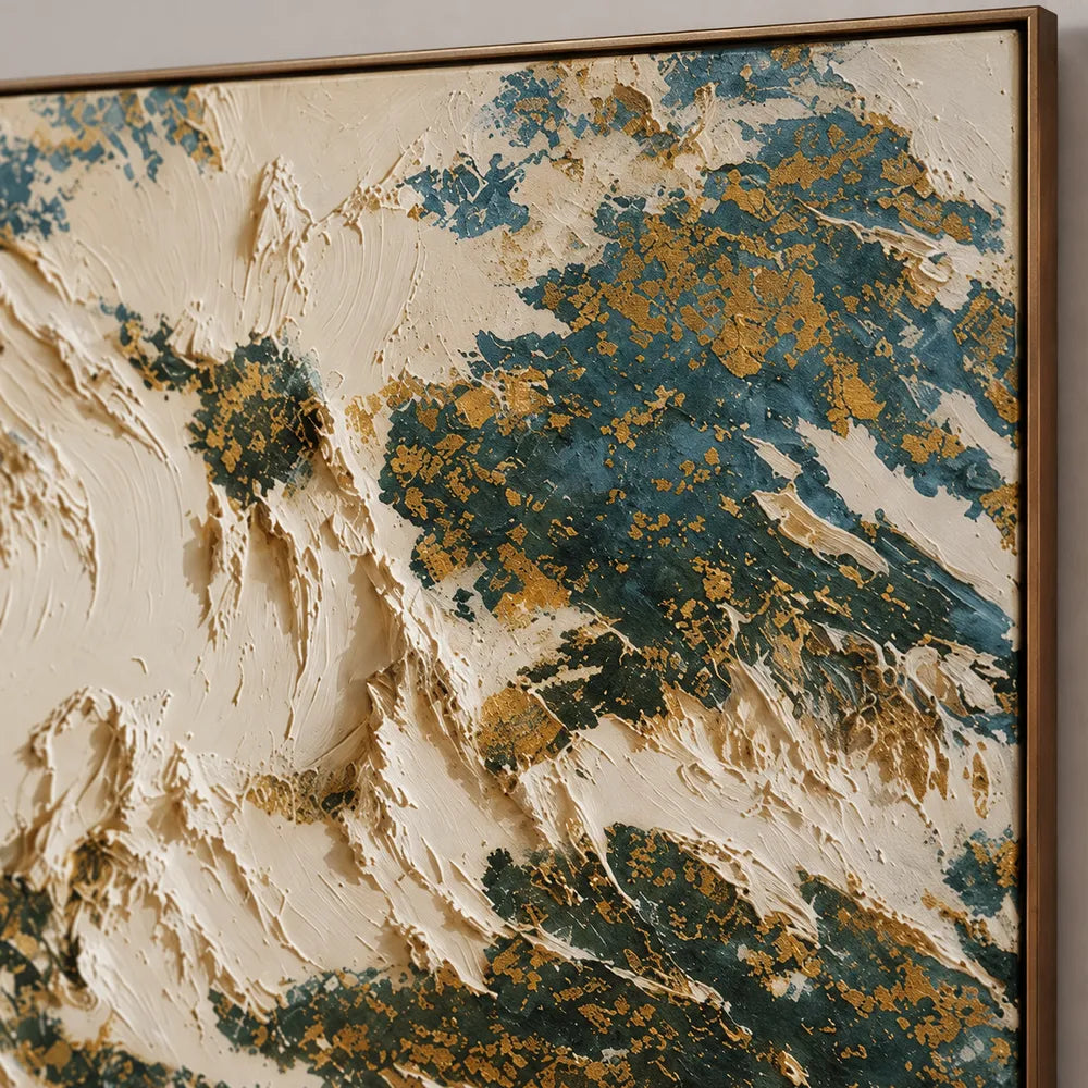 Cream and Deep Green Hand-Painted Oil Painting, Organic Abstract Forms #R1E3GSYK