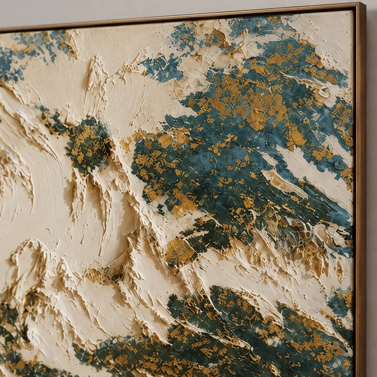 Cream and Deep Green Hand-Painted Oil Painting, Organic Abstract Forms #R1E3GSYK