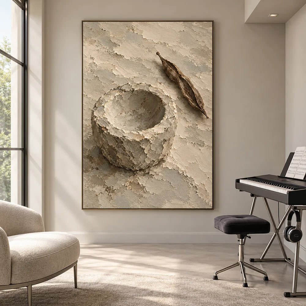 Beige Hand-Painted Still Life Painting, Bowl and Dried Leaves #EQ8DQ8IX