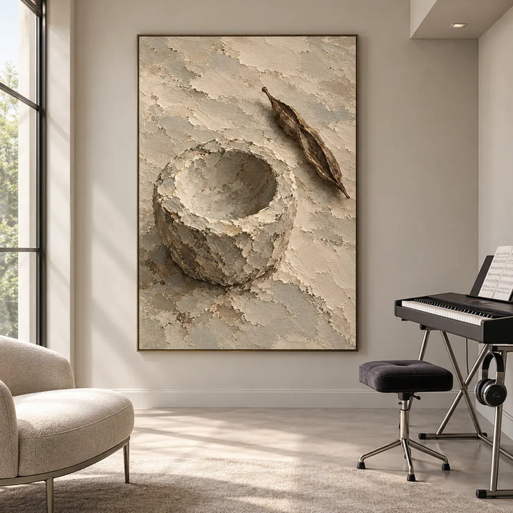 Beige Hand-Painted Still Life Painting, Bowl and Dried Leaves #EQ8DQ8IX