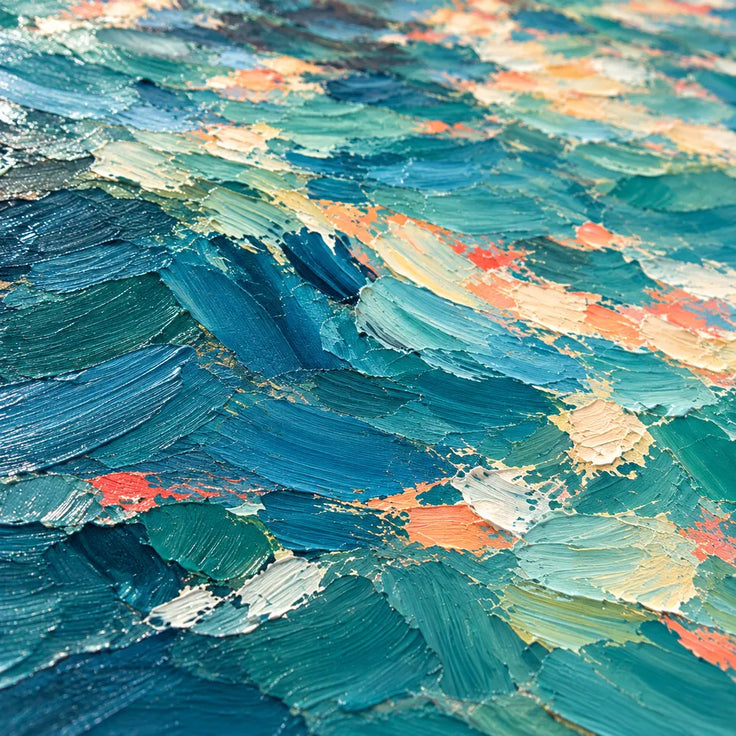 Blue Hand-Painted Oil Painting, Woman Among Sunlit Waves #ZO0LS4XT