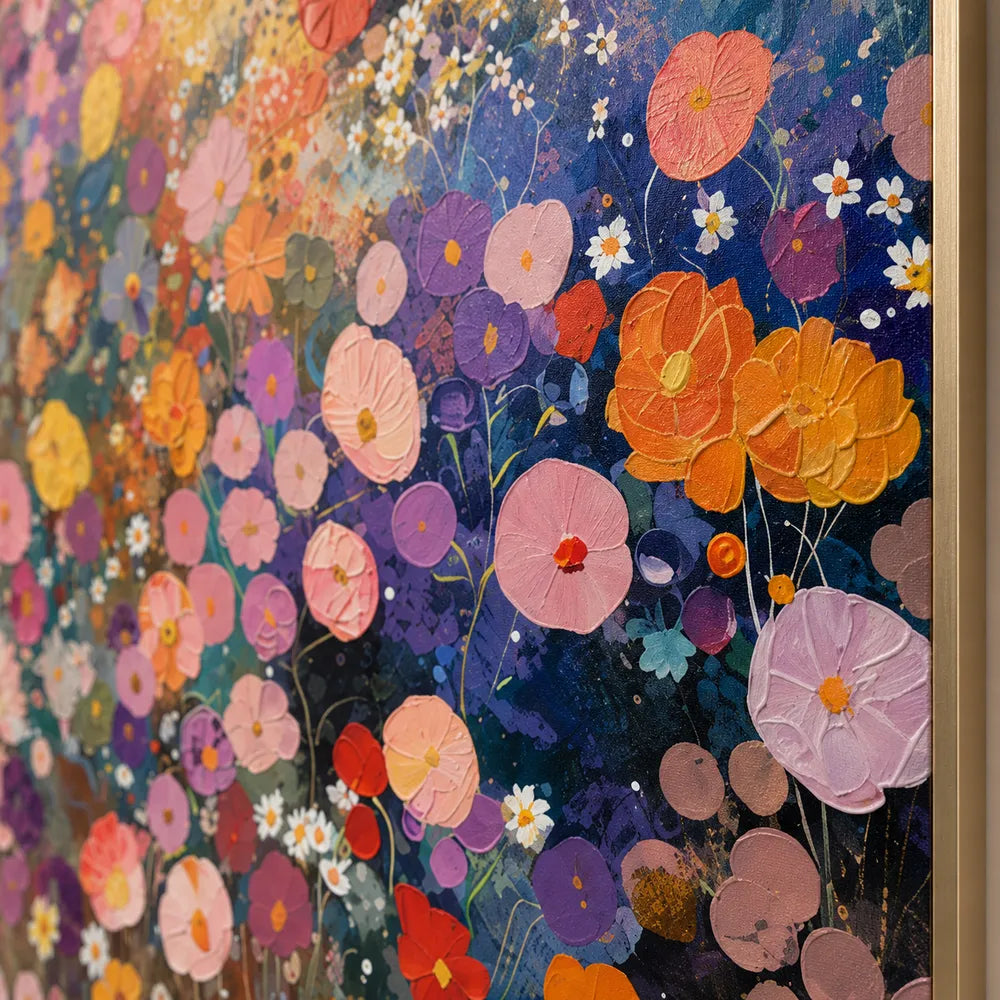 Deep Blue and Pink Hand-Painted Oil Painting, Colorful Flower Meadow #PG0DH31L