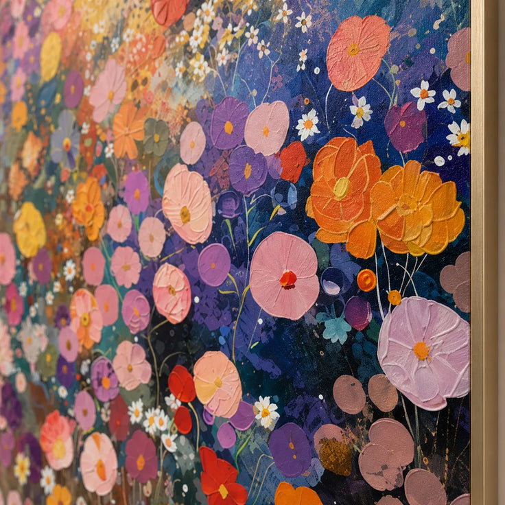 Deep Blue and Pink Hand-Painted Oil Painting, Colorful Flower Meadow #PG0DH31L