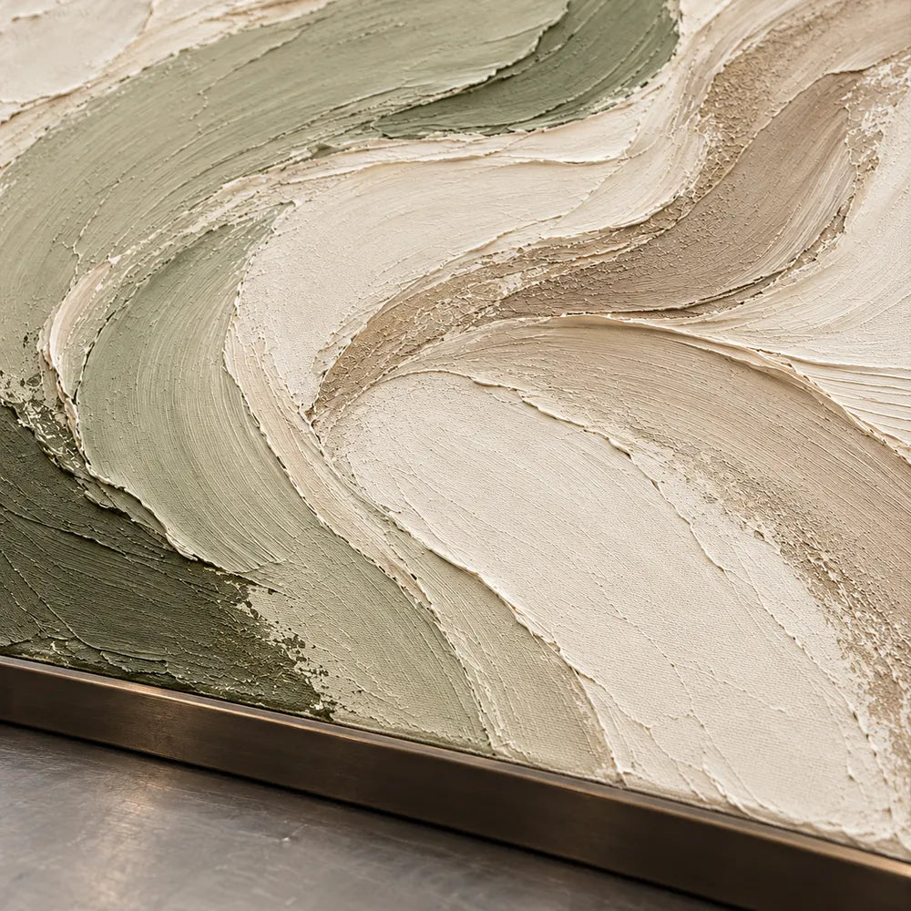 Cream and Sage Hand-Painted Oil Painting, Flowing Abstract Ribbons #4Y2HPFDD