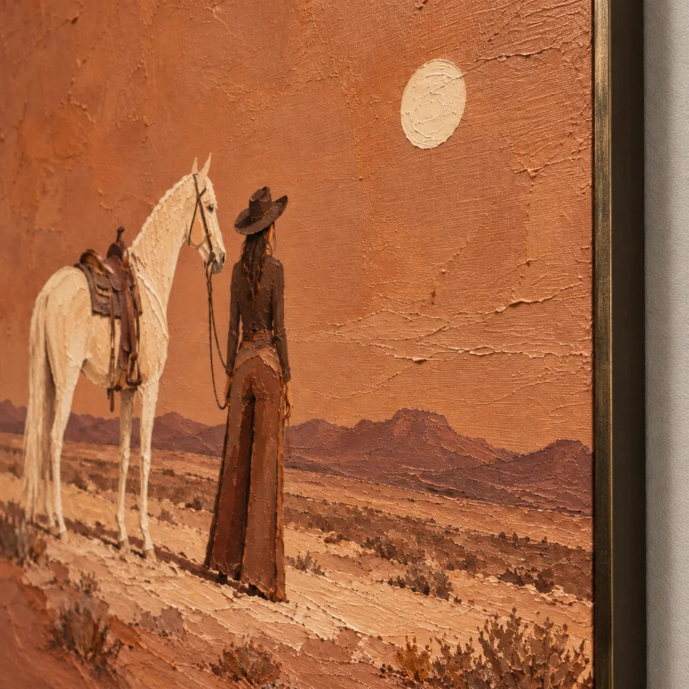Rust Orange Hand-Painted Oil Painting, Cowgirl and White Horse in the Desert #209BR44A