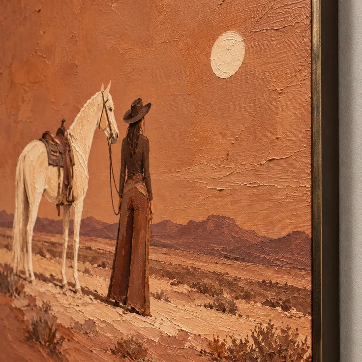 Rust Orange Hand-Painted Oil Painting, Cowgirl and White Horse in the Desert #209BR44A