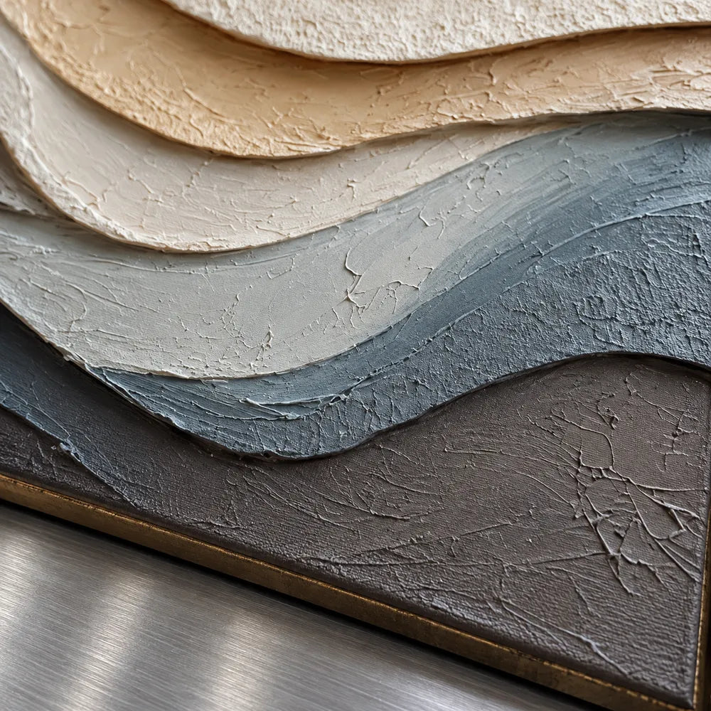 Earth-Tone Hand-Painted 3D Textured Oil Painting, Flowing Cream and Blue-Gray Strata #JP1L0E1K