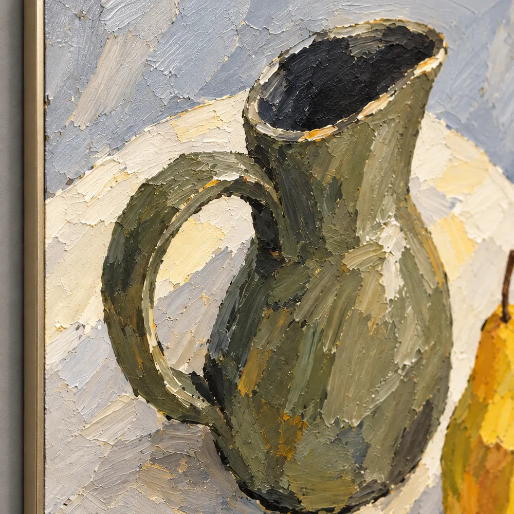 Yellow Hand-Painted Oil Painting, Two Pears with a Green Pitcher #O1ILENI2