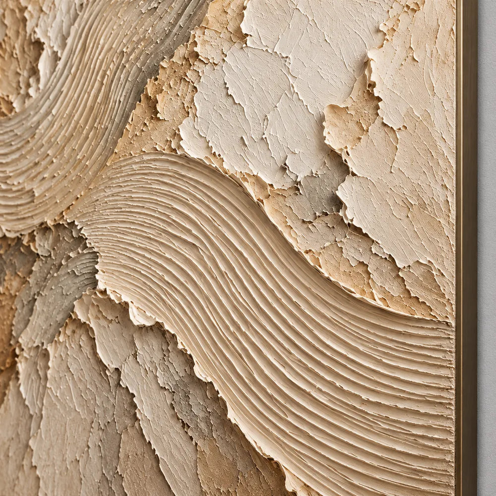 Cream and Taupe Hand-Painted 3D Textured Oil Painting, Flowing Ribbed Arcs #7BXB8EQJ