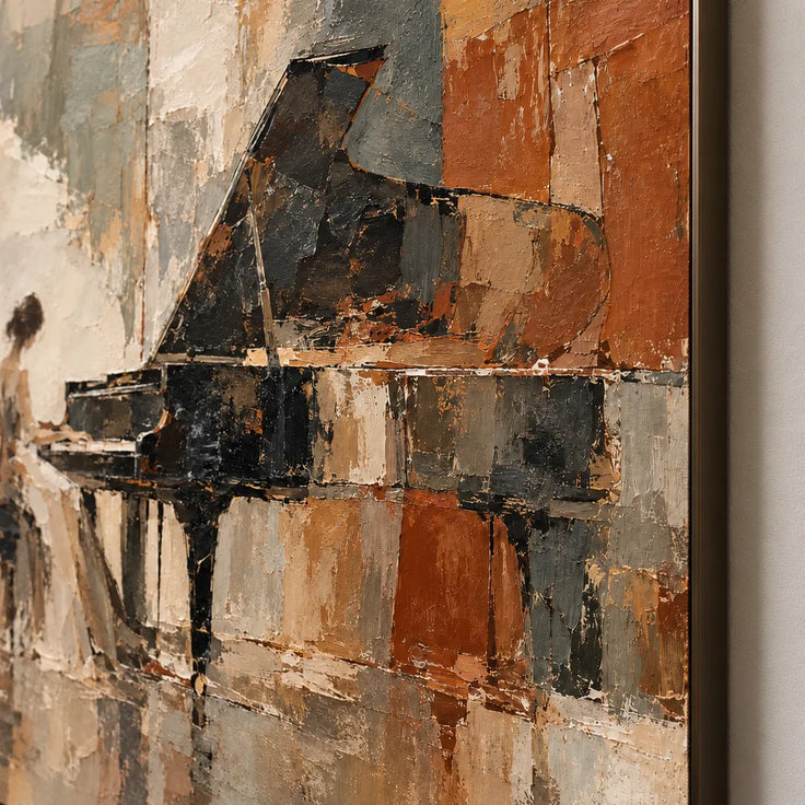 Earth-Tone Hand-Painted Oil Painting, Pianist at a Grand Piano #AQ4V2RU3