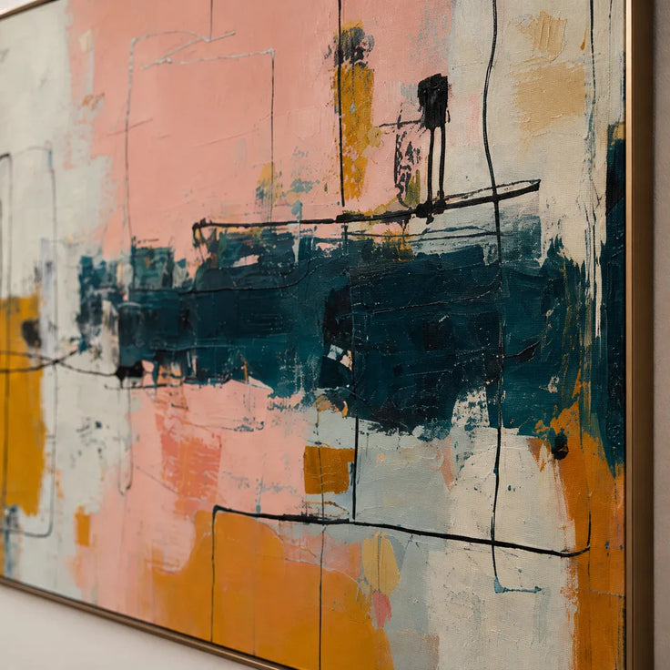 Ochre and Blush Hand-Painted Oil Painting, Linear Color Block Abstract #XNGHPZZP