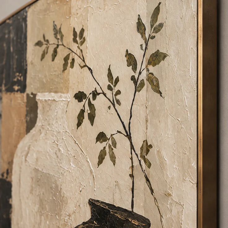 Beige and Brown Hand-Painted Oil Painting, Three Vessels and Leafy Branch #59QDYF0X