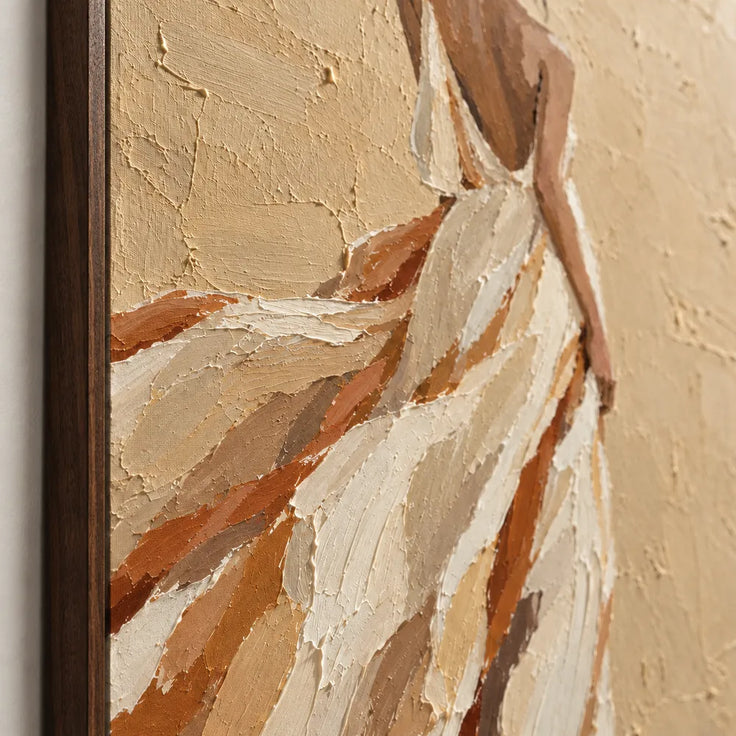 Beige and Cream Hand-Painted Oil Painting, Woman in a Flowing White Dress #5PM5BZHA