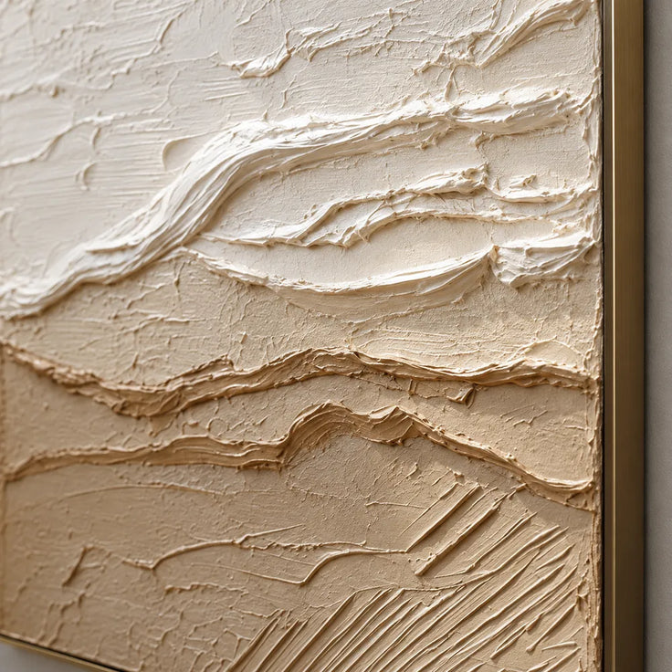 Ivory and Sand Hand-Painted 3D Textured Oil Painting, Horizontal Band Abstract #UP0DLY3U