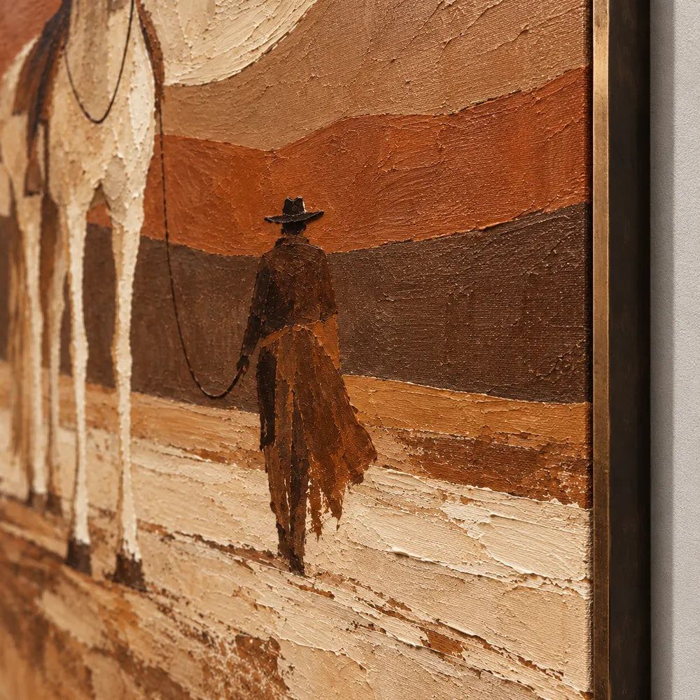 Earth-Tone Hand-Painted Oil Painting, Tall White Horse and Cowboy #SSW3XYPZ