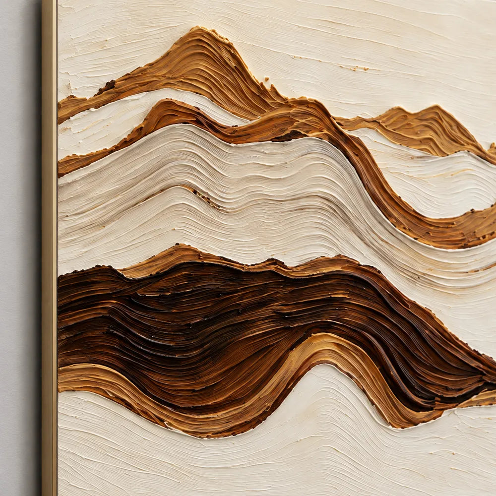 Cream & Brown Hand-Painted 3D Textured Oil Painting, Panoramic Mountain Landscape Wall Art #L7N7S073