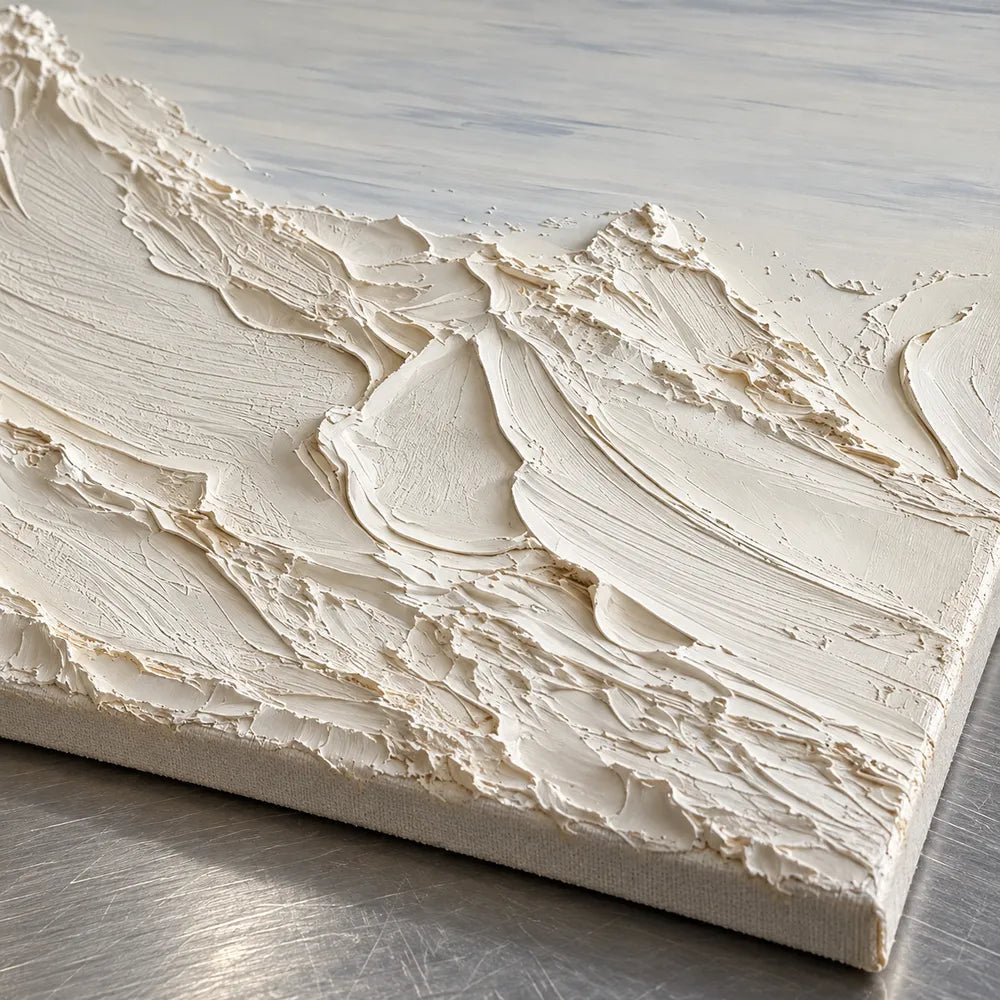 Ivory Hand-Painted 3D Textured Oil Painting, Mountain Peaks Beneath a Soft Gray Sky #0MQBQEM1