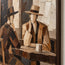 Brown Hand-Painted Oil Painting, Two Hat-Wearing Figures at a Table #0C7HVNB7