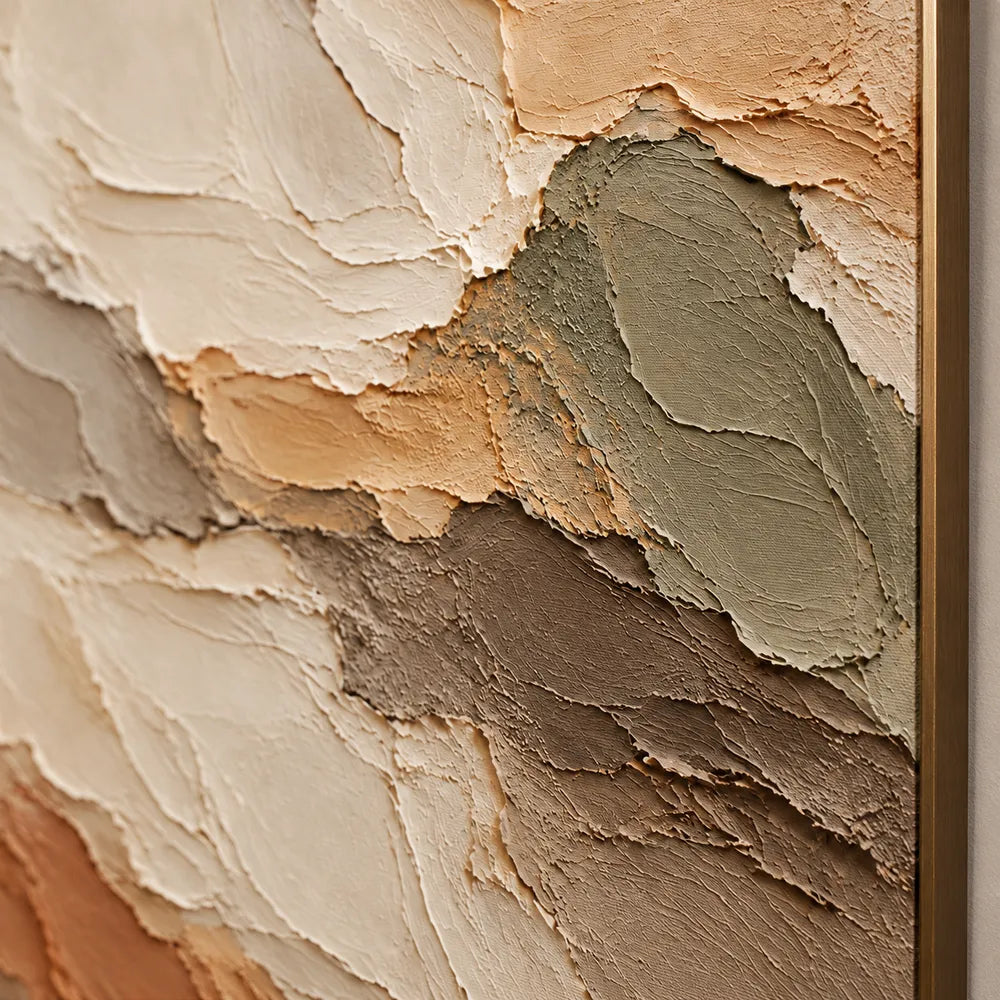Cream and Terracotta Hand-Painted 3D Textured Oil Painting, Broad Organic Bands #LT43B3PW