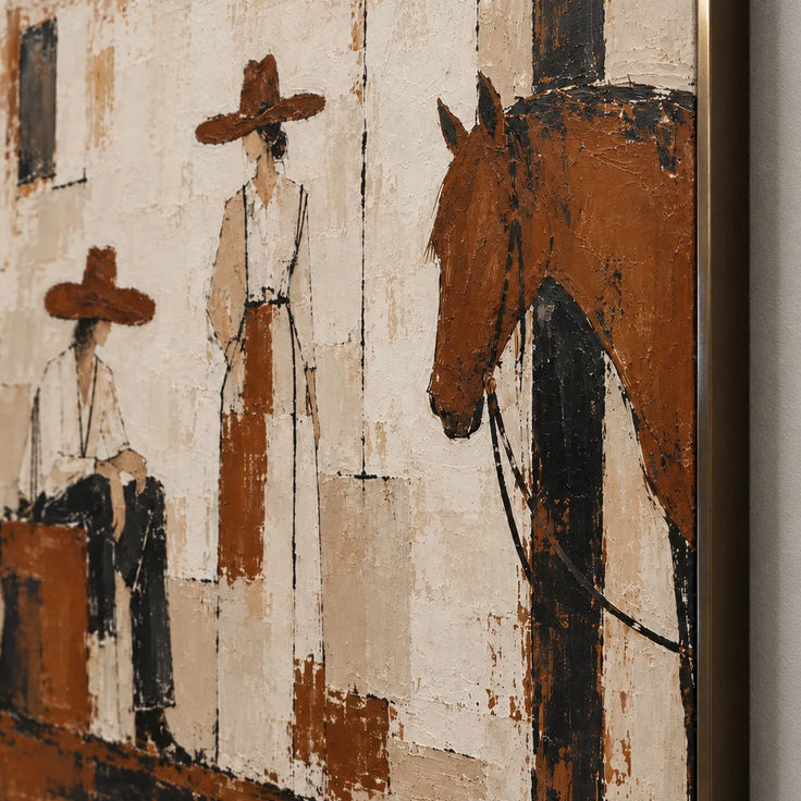 Cream and Brown Hand-Painted Oil Painting, Western Figures with a Horse #5Z6JSBUO