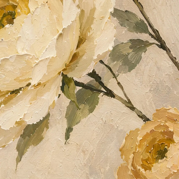 Cream and Gold Hand-Painted Oil Painting, Pale Flowers in a Dark Vase #7RZD4EO6