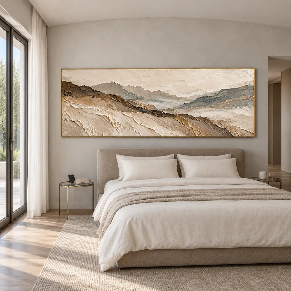 Beige Hand-Painted 3D Textured Oil Painting, Panoramic Mountain Valley #3H35H8YM