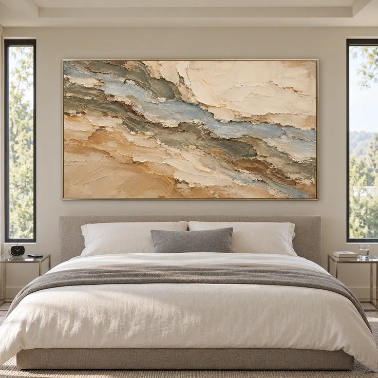 Beige Hand-Painted 3D Textured Oil Painting, Blue-Gray Diagonal Layers #S9SBK2RJ