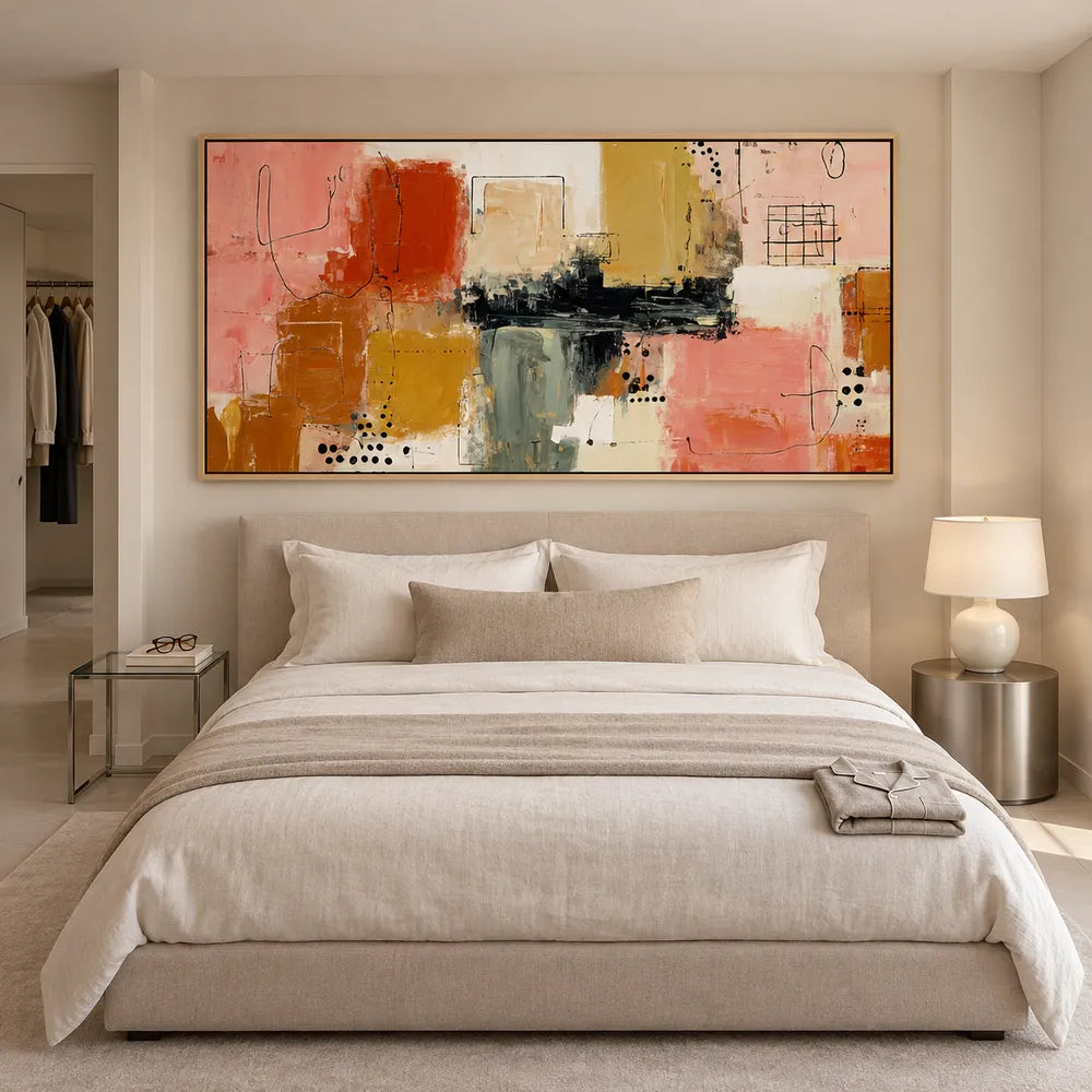 Pink and Ochre Hand-Painted Oil Painting, Graphic Color Block Abstract #7V43Y2LW