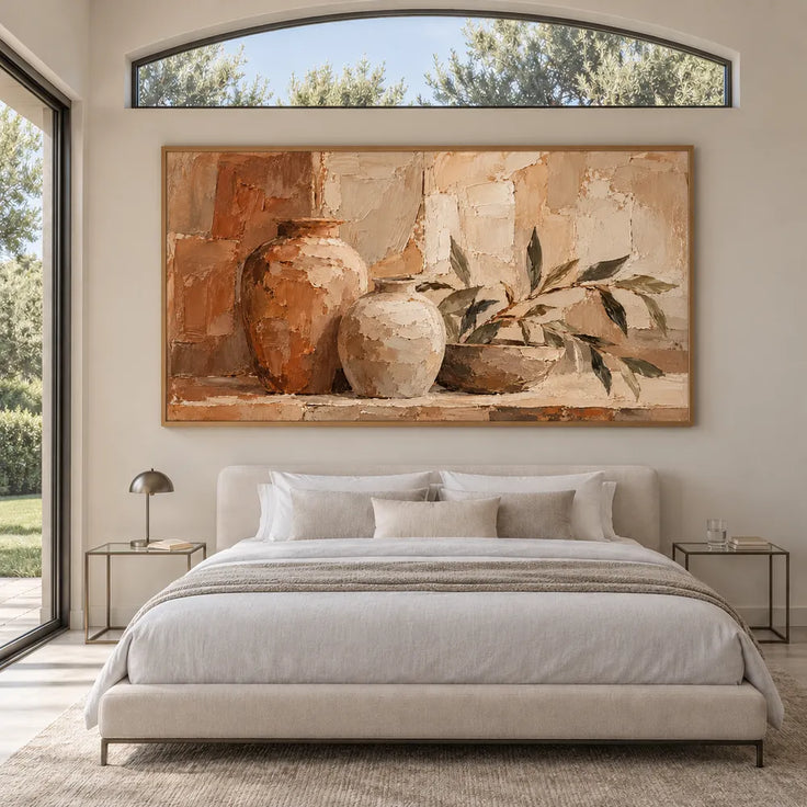 Earth-Tone Hand-Painted Oil Painting, Vases and Leafy Branches #165D1DHX