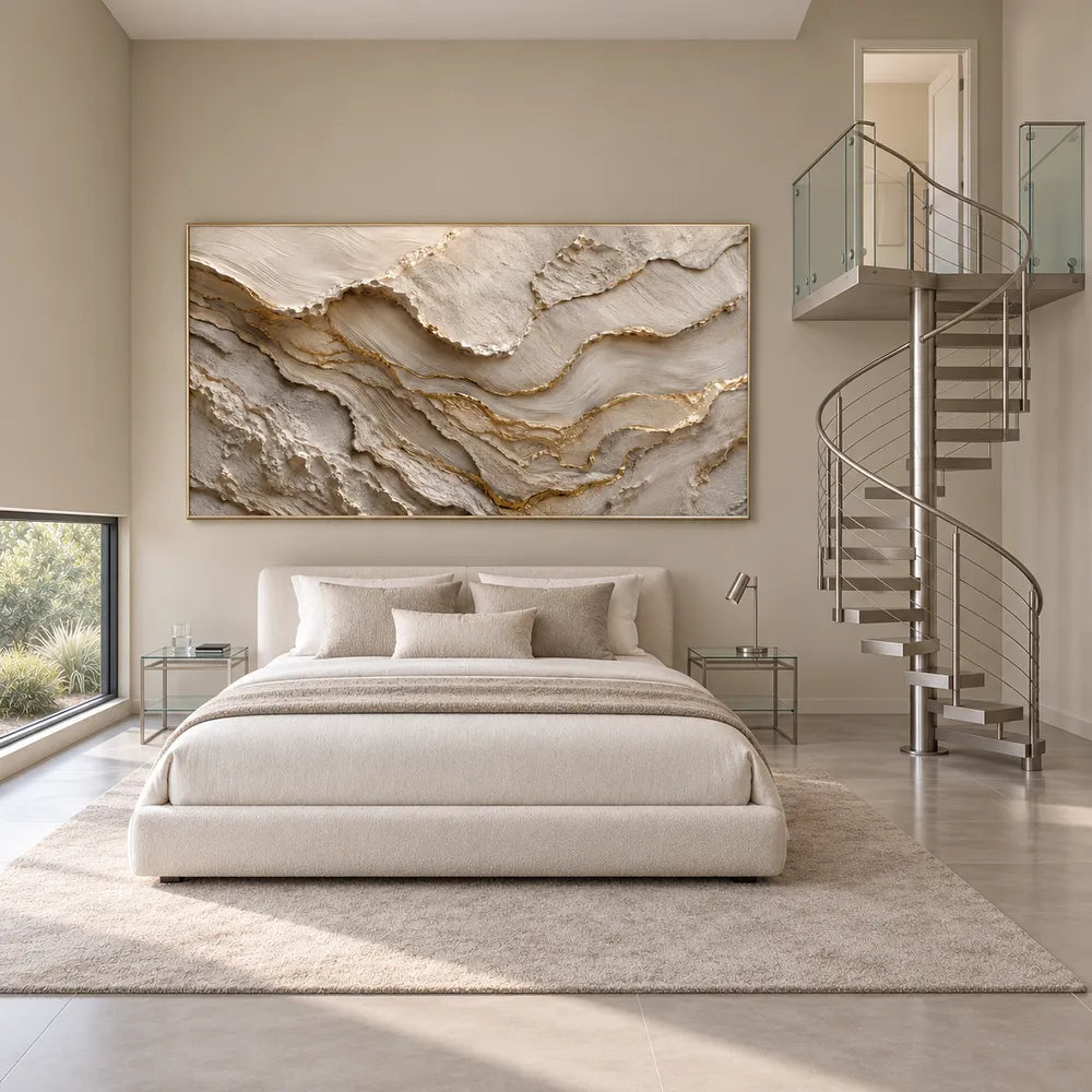 Ivory and Taupe Hand-Painted 3D Textured Oil Painting, Wavy Layer Abstract #QF2DVOSX