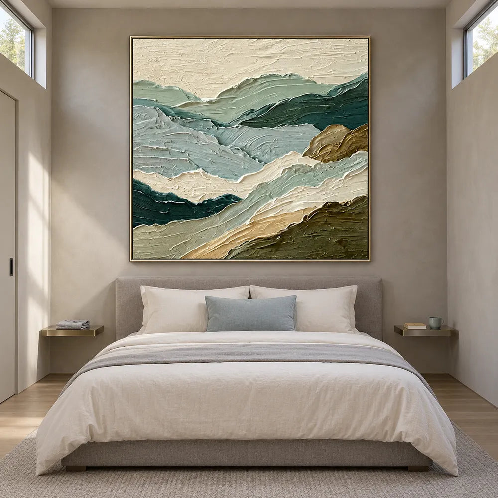 Sage Green Hand-Painted Oil Painting, Layered Mountain Landscape #PWVHIXYY