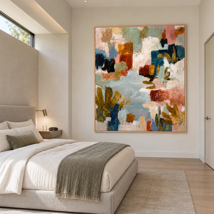 Muted Blue and Warm Neutrals Hand-Painted Oil Painting, Expressive Abstract Color Blocks #Q6Z31DUZ