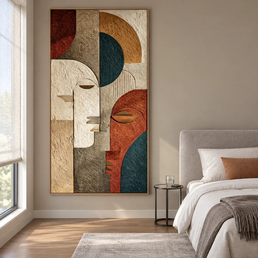 Earth-Tone Hand-Painted 3D Textured Oil Painting, Geometric Faces #PDTZGB6G