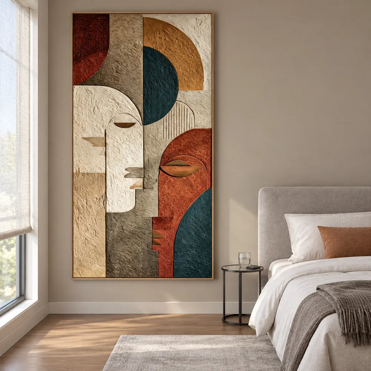 Earth-Tone Hand-Painted 3D Textured Oil Painting, Geometric Faces #PDTZGB6G