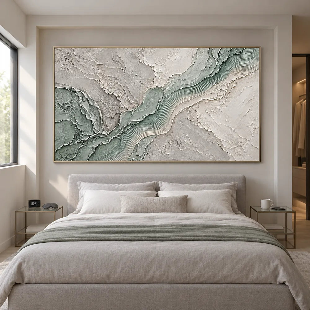 Sage and White Hand-Painted 3D Textured Oil Painting, Flowing Ridges #4SLLXKNH