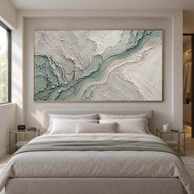 Sage and White Hand-Painted 3D Textured Oil Painting, Flowing Ridges #4SLLXKNH
