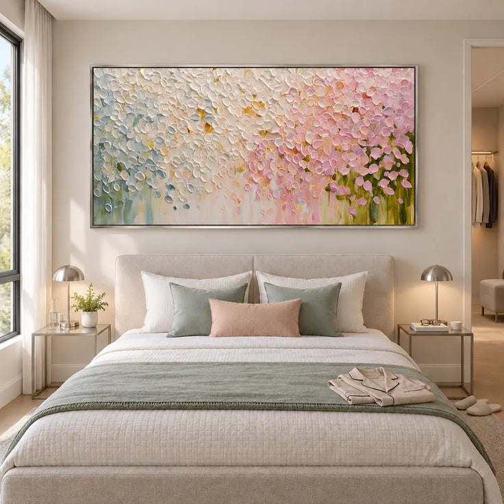 Cream and Pink Hand-Painted Oil Painting, Cascading Floral Petals #AN8LZER5